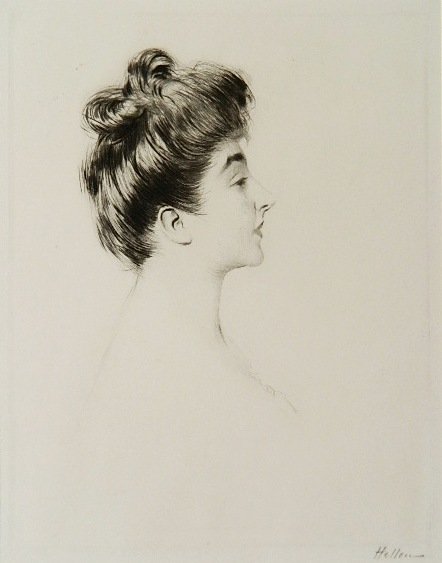 Paul Cesar Helleu etching: Paul Cesar Helleu (French 1859-1927)- Woman's Profile- etching, signed in pencil. 11 1/2 x 9 1/4''