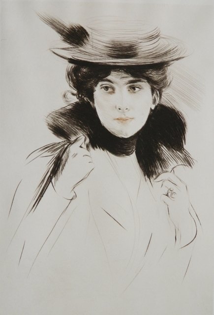 Paul Cesar Helleu drypoint: Paul Cesar Helleu (French 1859-1927)- ''Le Chapeau de Lancret''- drypoint, signed in red pencil. 15 1/2 x 10 3/4''