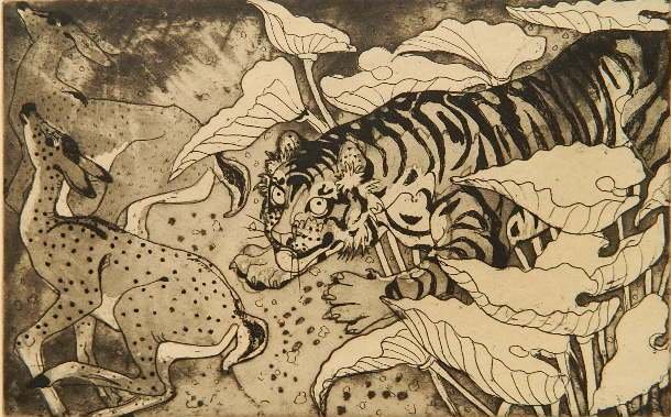 Orovida Camille Pissarro etching and aquatint: Orovida Camille Pissarro (British 1893-1968)- ''The Ambush''- etching and aquatint, 1938, signed in pencil, edition of 190 plus 10, The Print Club of Cleveland publication no. 17, very good condition.