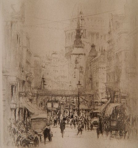 William Walcot drypoint: William Walcot (British 1874-1943)- Street Scene- drypoint, signed in pencil, slightly light struck. 5 1/2 x 5''