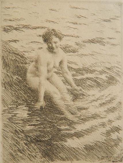 Anders Zorn etching: Anders Zorn (Swiss 1860-1920)- ''Wet'' (Asplund 240)(Hjert & Hjert 260)- etching, 1911, signed in pencil, slightly light struck. 9 1/4 x 4 5/8''