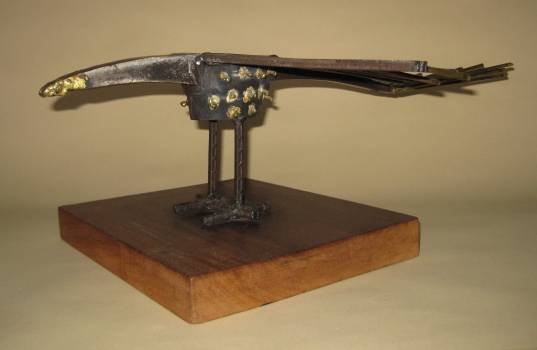 Feliciano Bejar mixed metal sculpture: Feliciano Bejar (American 1920-2007)- ''Pajaro Musical''- mixed metal sculpture, 1965, signed Feliciano Bejar 65, set on wooden base. 6 1/4''h