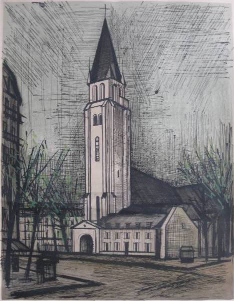 Bernard Buffet lithograph: Bernard Buffet- ''Saint Germain-Des-Pres'' (Mourlot 65)- lithograph in colors, 1965, signed and annotated 'e.a.' in pencil, light struck and mat burn, some handling creases. 17 5/16 c 23 3/16''