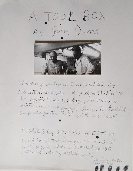 Jim Dine lithograph: Jim Dine (American 1935-)- ''A Tool Box''- 1 lithograph, 1 red plastic box with title and artist printed, and 1 photograph, box broken and missing one side of lid. various sizes.