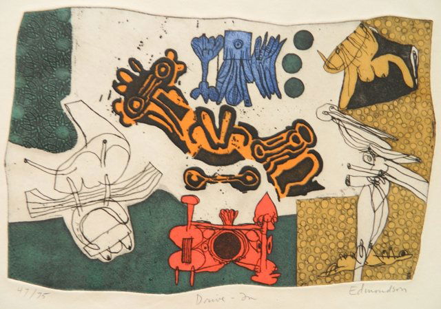 Leonard Edmondson intaglio: Leonard Edmondson (American 1916-2002)- ''Drive-In''- intaglio in colors, ca. 1965, signed, titled and numbered 47/75 in pencil. 10 x 15 1/2''