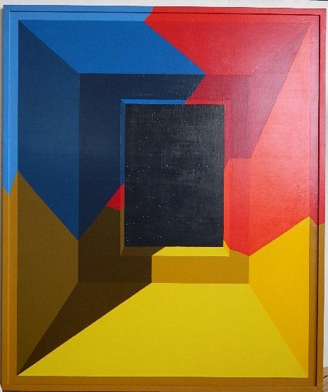 Leonard Everett Fisher acrylic: Leonard Everett Fisher (American 1924-)- ''Gift Box #4, Night Beyond''- acrylic on masonite, 1970, signed, titled and dated on verso. 48 x 40''