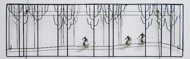 Curtis Jere metal sculpture: Curtis Jere (American/Chinese -2008)- Landscape with Skiers- metal sculpture, signed C. Jere on one of the skis. 18 x 60 x 2 1/2''