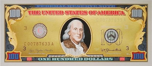 Tony King silkscreen: Tony King (American 1944-)- One Hundred Dollar Bill- silkscreen in colors, 1983, signed, dated and numbered 30/100 in pencil, very good condition. 17 3/4 x 39 1/2''