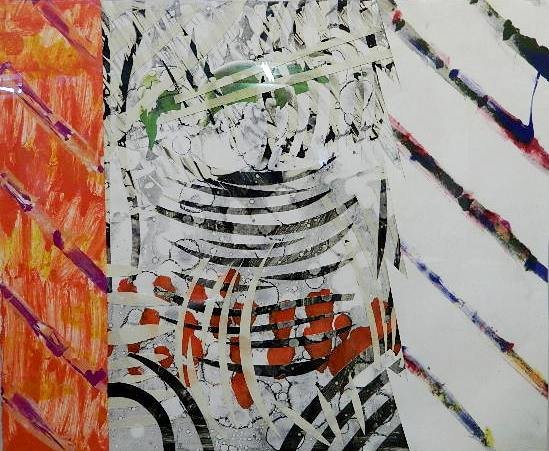 Al Loving mixed media collage: Al Loving (American 1935-2005)- Untitled- mixed media collage, 1983, signed Al Loving 83 lower right. 29 1/2 x 35''