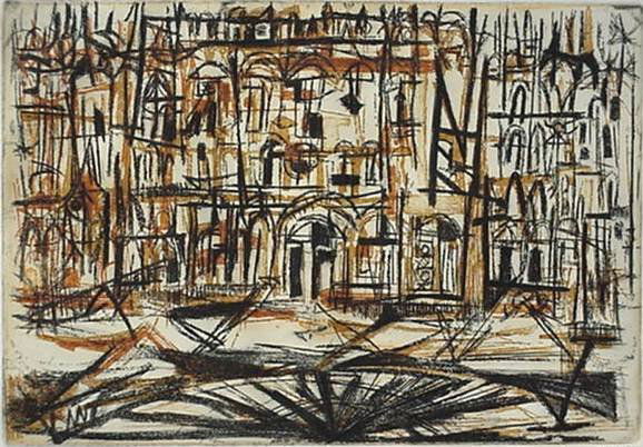 Rudy Pozzatti intaglio: Rudy Pozzatti (American 1925-)- ''Palazzo, Florence''- etching, engraving, aquatint and soft-ground in colors, 1954, signed in pencil, edition of 250, The Print Club of Cleveland publication no. 33. 9