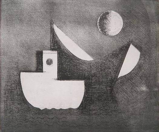 Paul Resika softground etching: Paul Resika (American 1928-)- ''Still Boats and Moon''- softground etching, 2001, signed and numbered 3/200, The Print Club of New York presentation print for 2001.