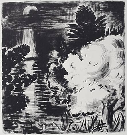 Karl Schrag lithograph: Karl Schrag (American 1912-1995)- ''Flowering Tree - Moonlight''- lithograph on somerset paper, 1991, signed, dated 1990 and titled in pencil, edition of 260, The Print Club of Cleveland publication n