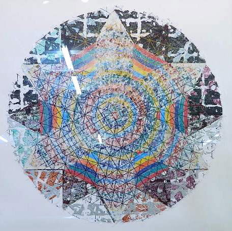 Alan Shields silkscreen and woodcut with collage: Alan Shields (American 1944-2005)- ''Raggedy Circumnavigation Series: Equatorial Route''- silkscreen and woodcut in colors with collage, 1985, signed, dated and numbered 'AP 9/10' in pencil. 46 1/2''d