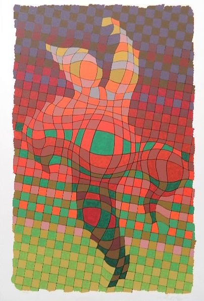 Victor Vasarely silkscreen: Victor Vasarely (Hungarian 1908-1997)- Dancing Figure- silkscreen in colors, signed and numbered 63/125 in pencil. 25 1/2 x 16''