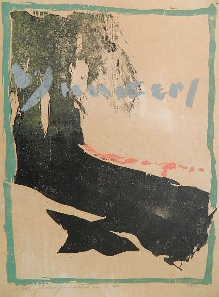 Adja Yunkers woodcut in colors: Adja Yunkers (Swedish 1900-1983)- woodcut in colors, 1966, singed, dated and numbered 4/10 in pencil, light struck. 28 x 21''