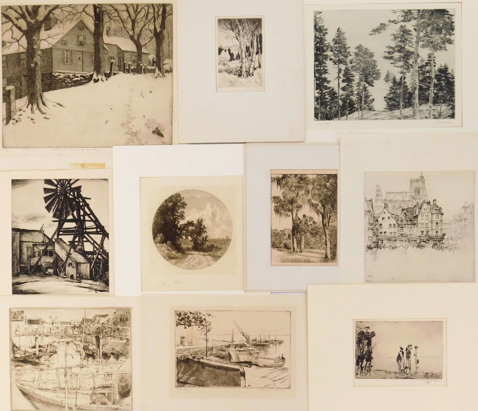 10 Etchings of landscapes, building and dock scenes (1 of 4)