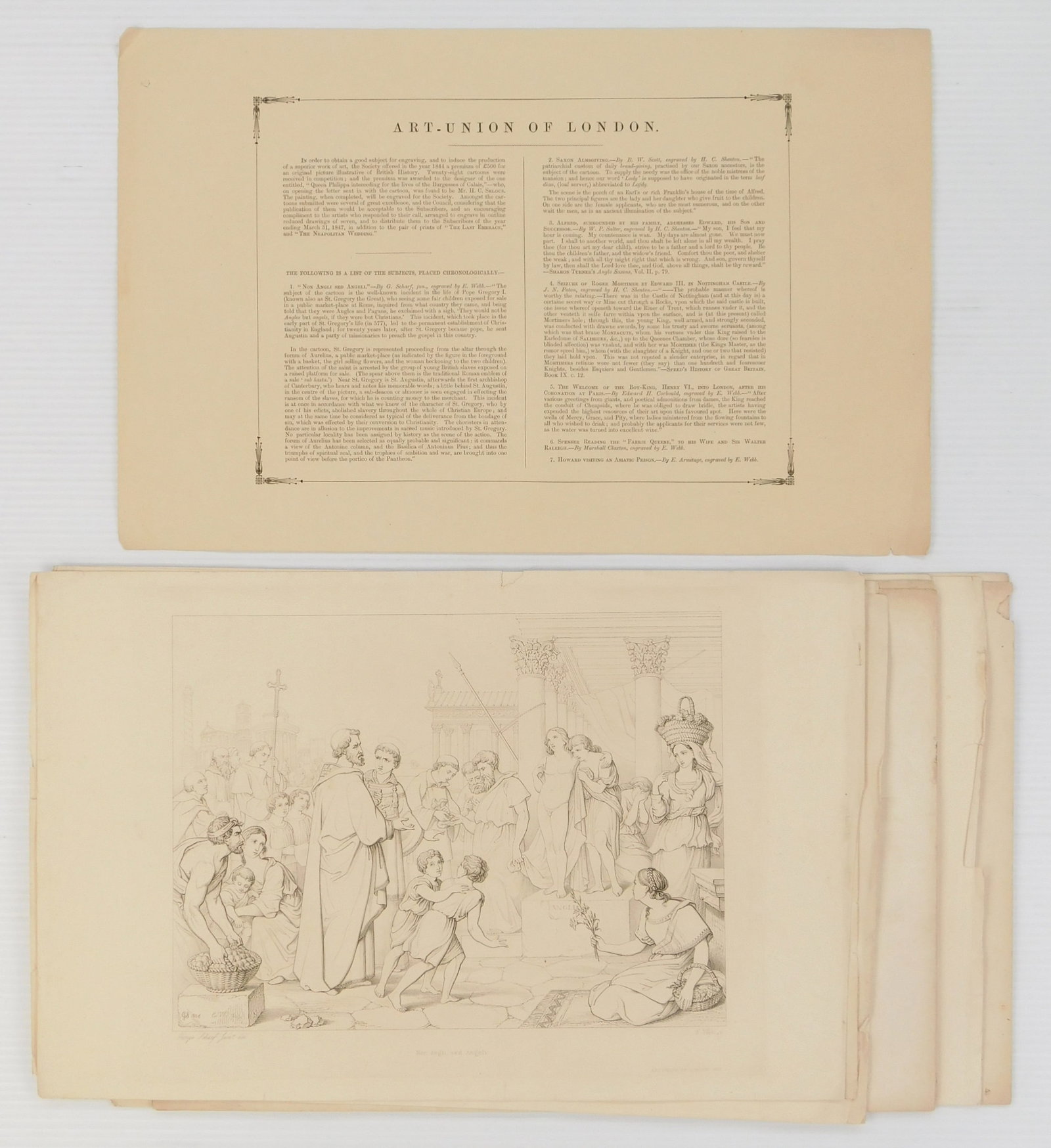 Art Union of London engravings: 12 engravings from Art Union of London with summary pages, various subjects. Condition: Fair condition