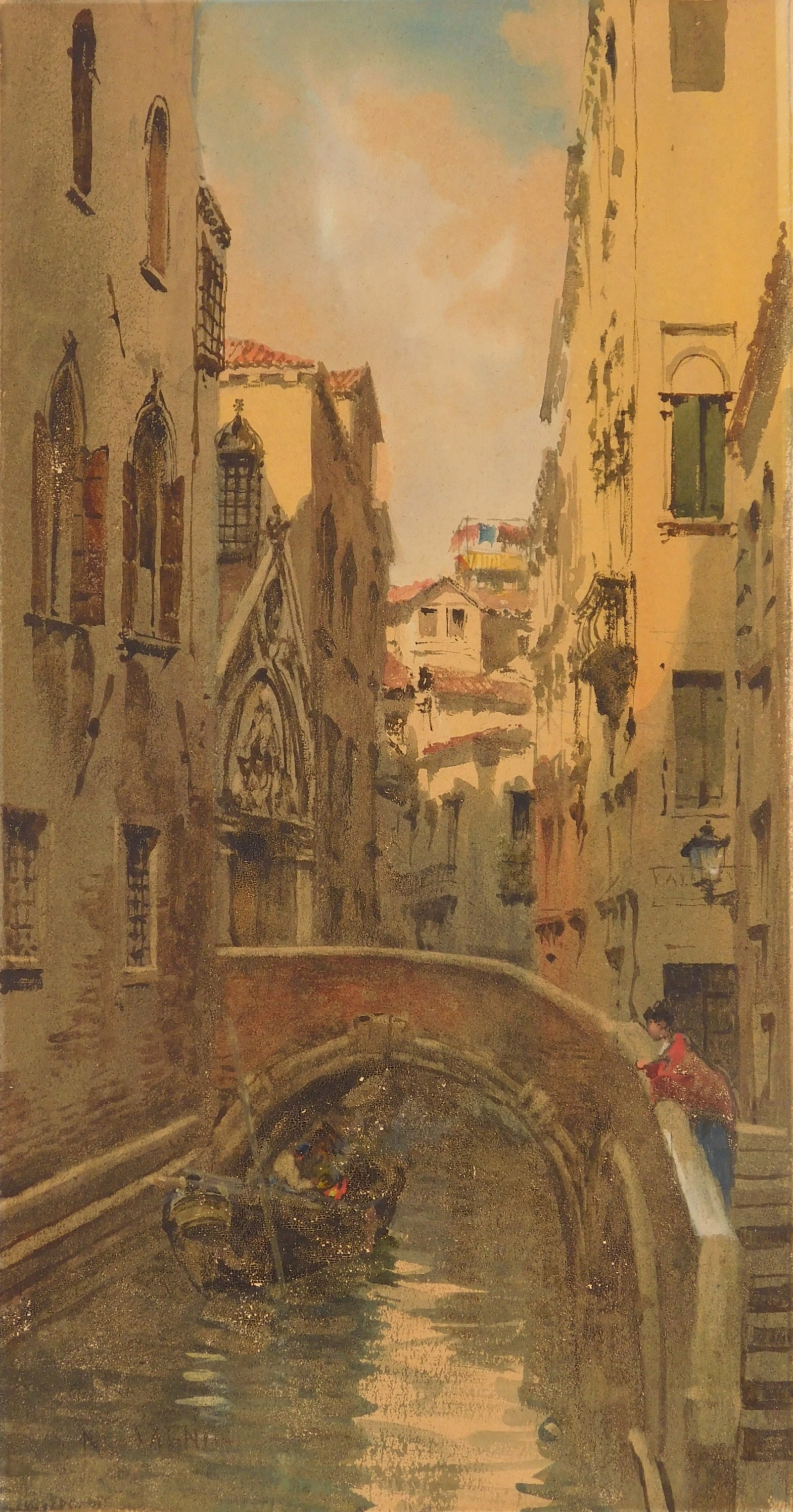 Natale Gavagnin (Italian, 1851-1923) watercolor: A Bye Canal watercolor on paper, ca. 1910, signed N. Gavagnin lower left, matted and framed. 2 1/8 x 6 1/8" Condition: Some pas flaking lower part of image. Provenance: Pri