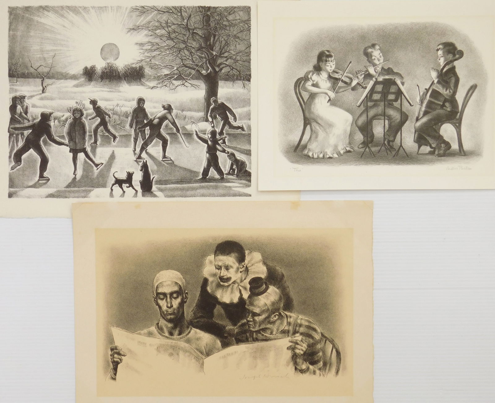 3 20th c. American lithographs: 1). Joseph Hirsch (1910-1981)- Clowns and The News (Cole 6)- lithograph, 1942, signed in pencil, AAA edition of 250, light struck.. 8 x 13'' 2). Kyra Markham (1891-1967)-&