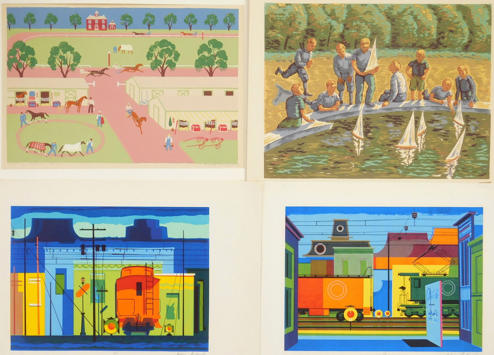 4 American silkscreens: Max Arthur Cohn- Toy Boats- signed in pen in image. Richard Floethe- Morning Workout- 1944, signed and titled in pencil. Unknown-