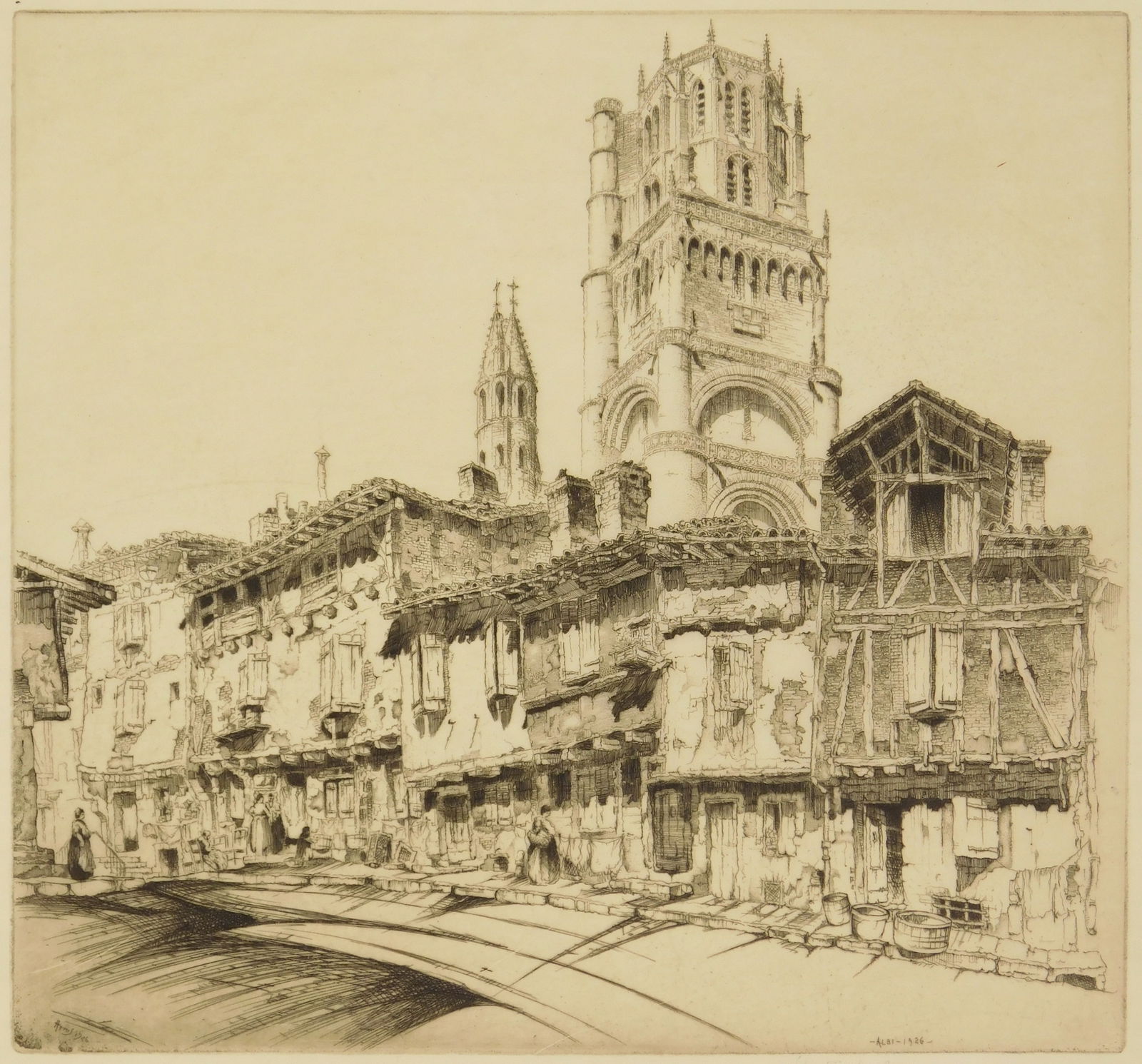 John Taylor Arms (American, 1887-1953) etching: Albi. (The Cathedral of Ste. Cecile). etching, 1927, signed and dated in pencil, edition of 100. 9 5/8 x 10 1/4" Fletcher 190 Condition: Slight mat burn Provenance: Pr