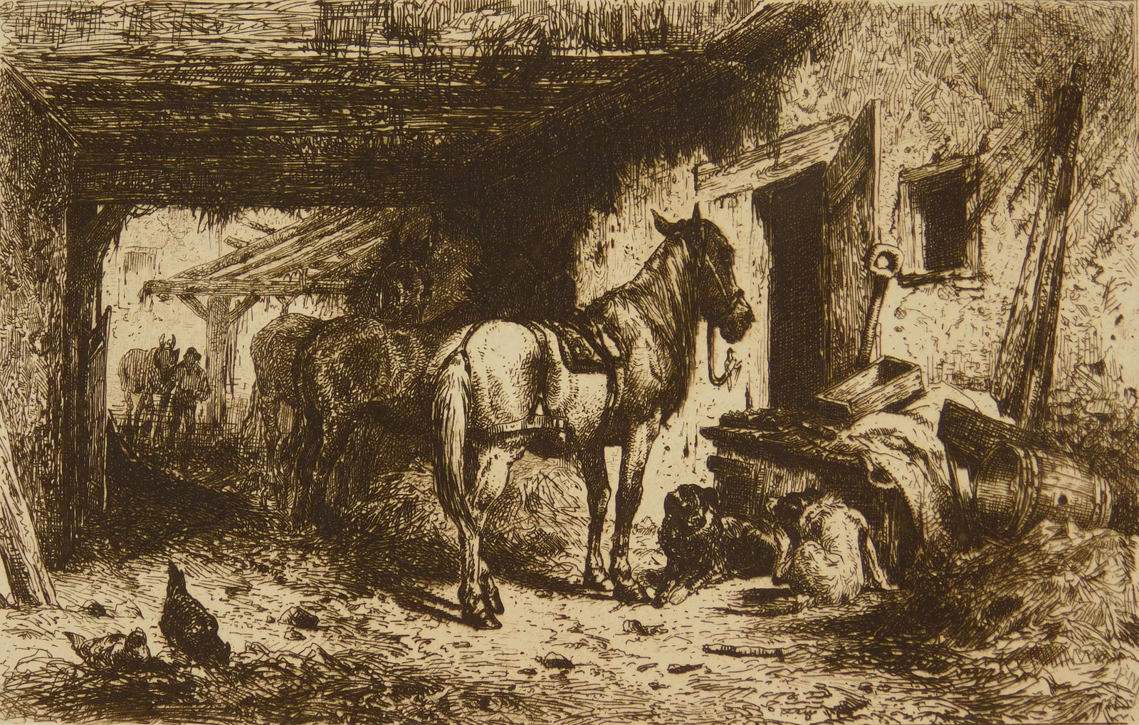 Peter Moran (American, 1841-1914) etching: The Noonday Rest etching, 1877. 3 5/8 x 5 11/16" Wright 26 Condition: Slight mat burn Provenance: Private collection- La Cruces, NM