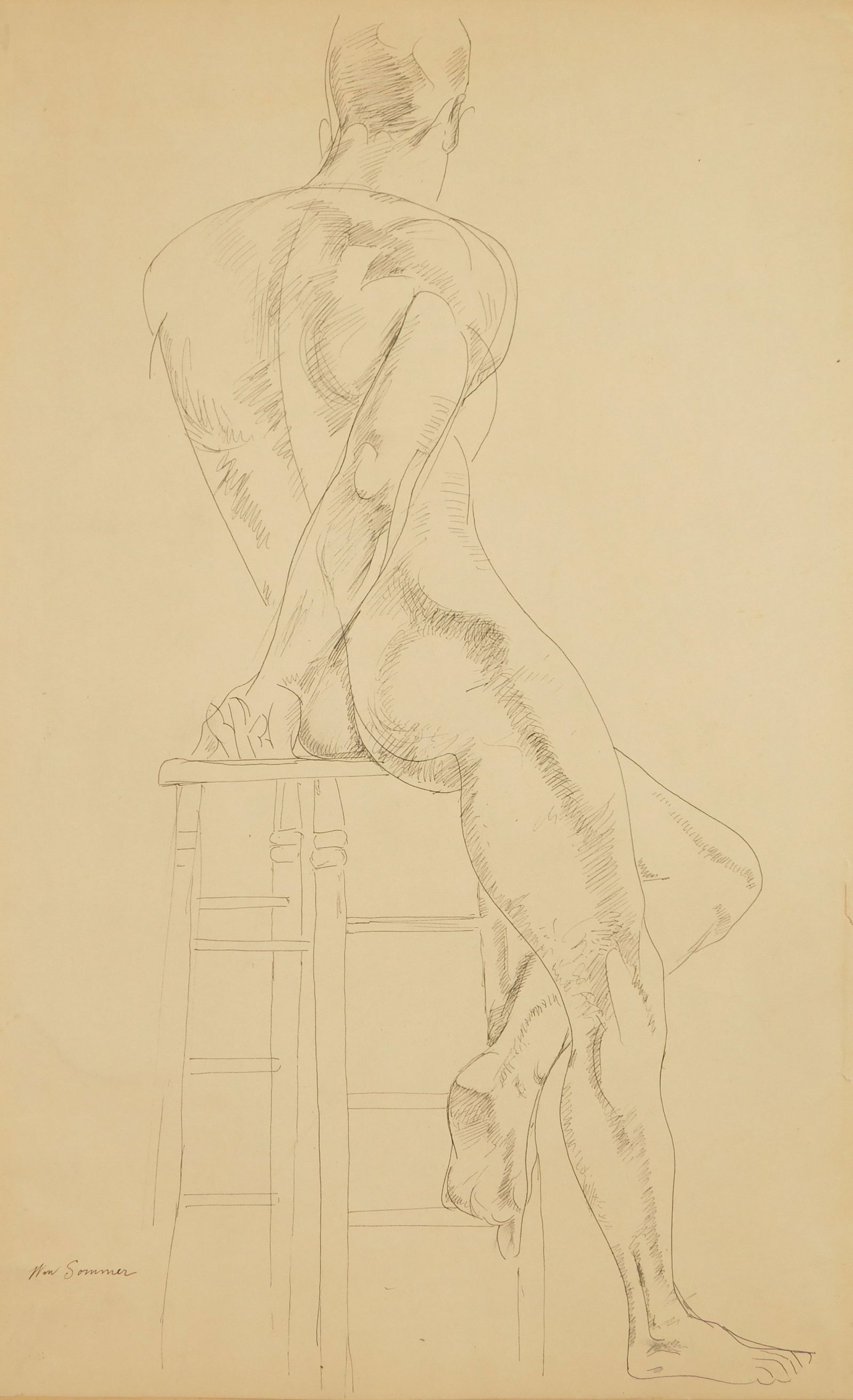 William Sommer (American, 1867-1949) pen and ink: Seated Male Nude from Behind pen and ink on paper, signed Wm. Sommer in pen lower left. 18 x 11" Provenance: Private collection- Cleveland, OH