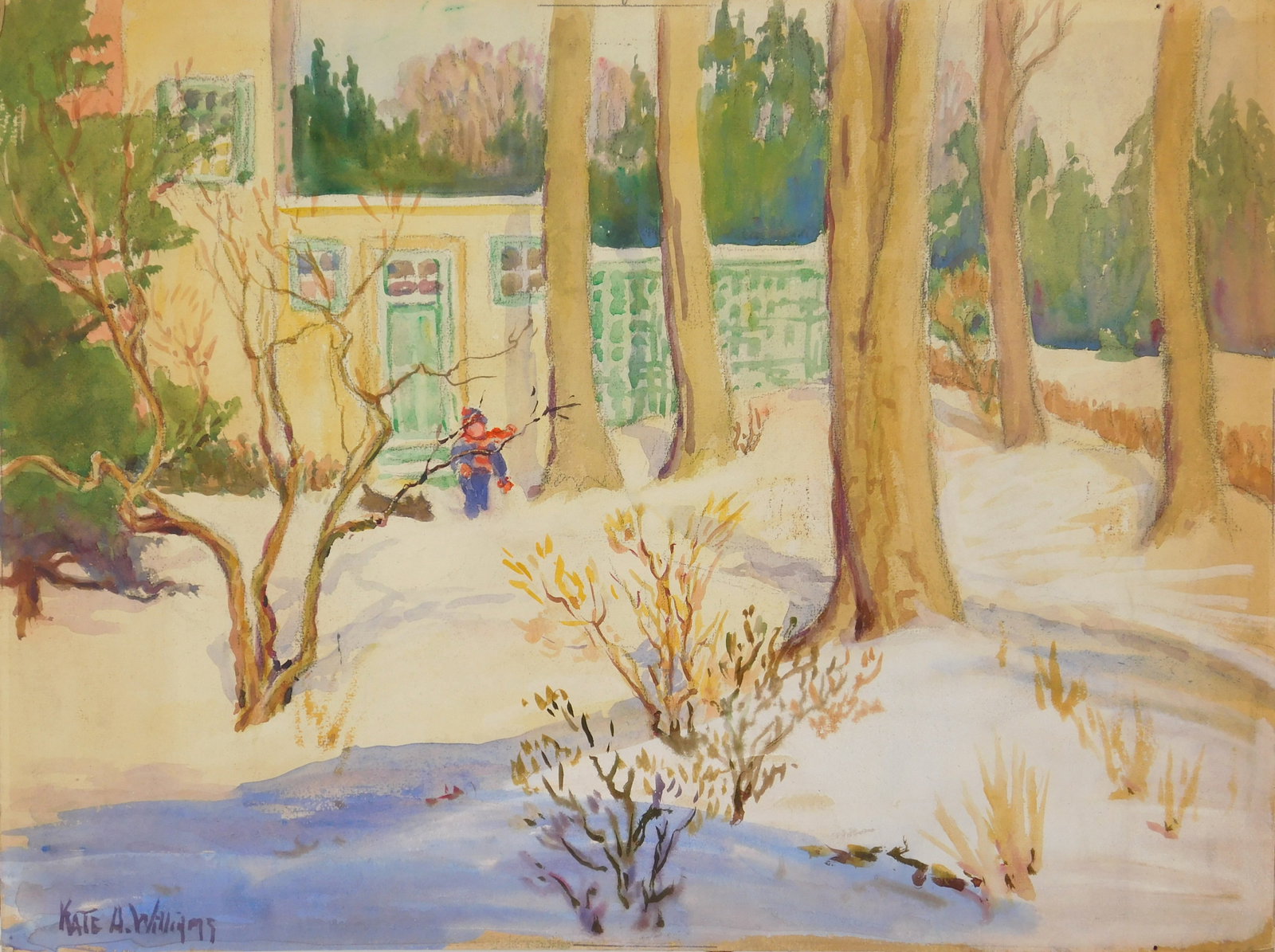 Kate A. Williams (American, 1877-1939) watercolor: A January Morning watercolor on board, signed Kate A. Williams lower left. 15 1/4 x 20" Condition: Good condition Provenance: Private collection- Columbus, OH