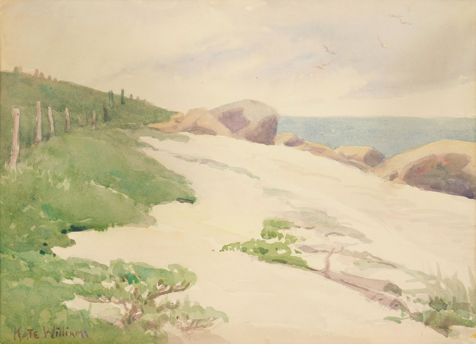 Kate A. Williams (American 1877-1939) watercolor: Shore Scene watercolor on board, signed Kate Williams lower left. 10 1/2 x 14 1/4" Provenance: Private collection- Columbus, OH