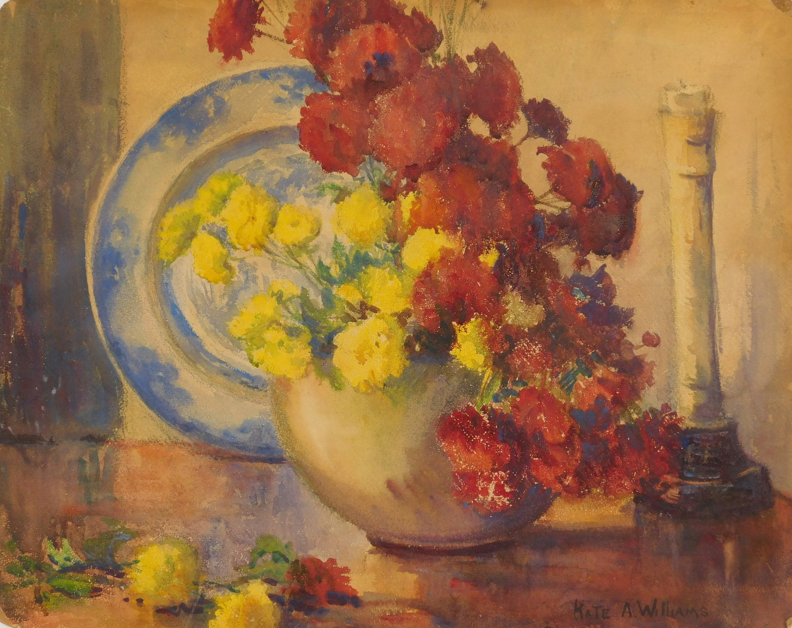 Kate A. Williams (American, 1877-1939) watercolor: Still-Life watercolor on board, signed Kate A. Williams lower right. 15 x 19" Condition: fair condition Provenance: Private collection- Columbus, OH