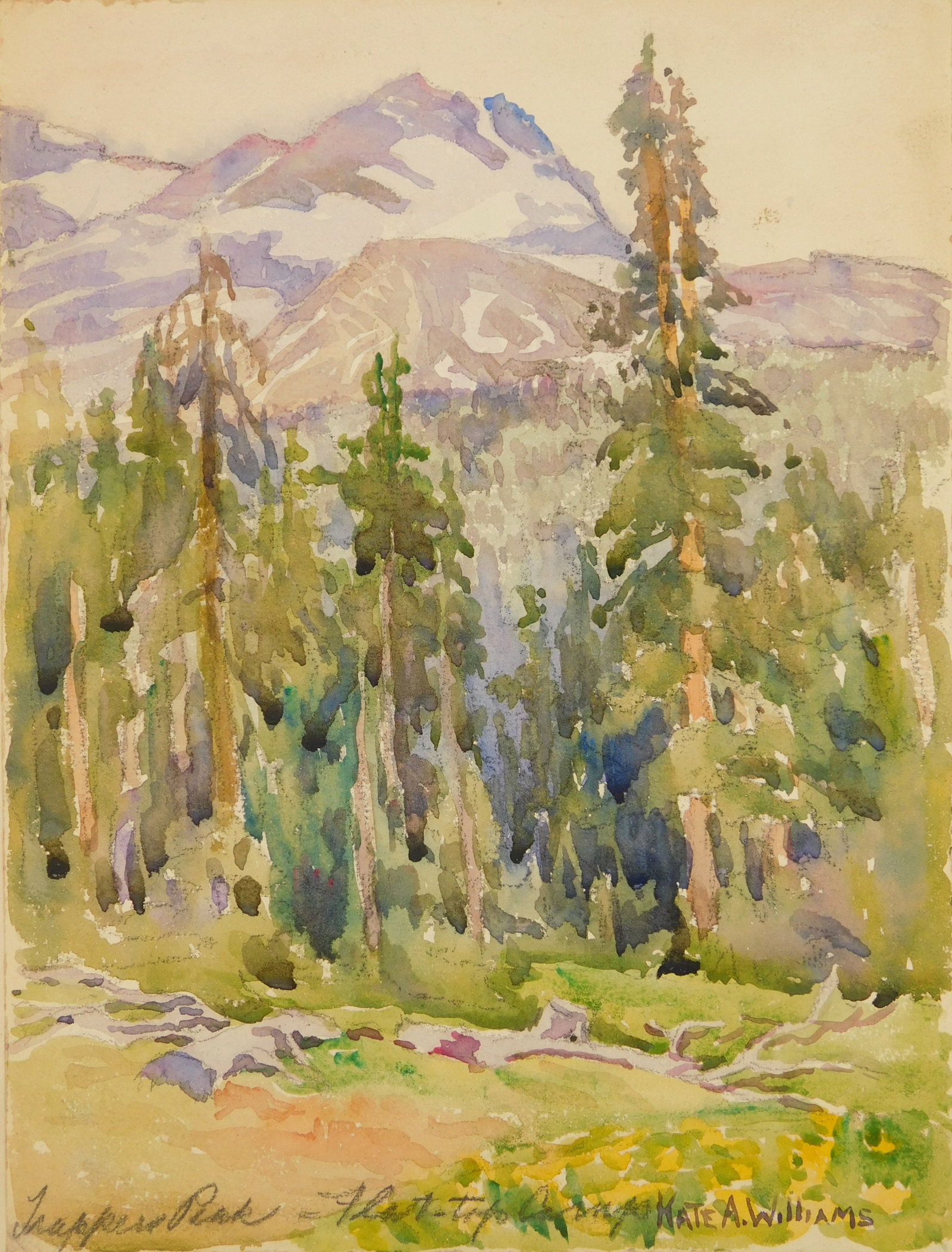 Kate A. Williams (American 1877-1939) watercolor: Trapper's Peak Flat-Top Camp watercolor, signed Kate A. Williams lower right and titled. 8 1/2 x 11 1/2" Provenance: Private collection- Columbus, OH