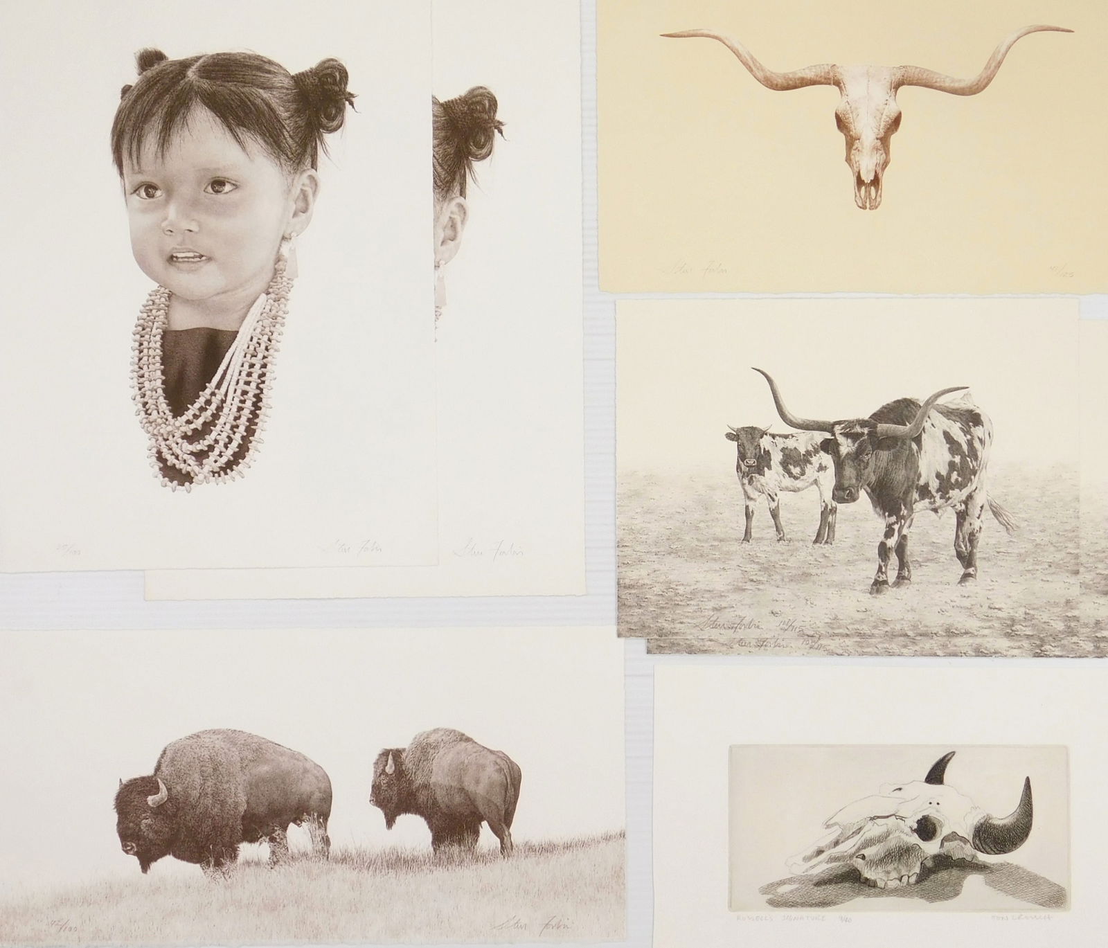 6 Steve Forbis (Amercian 1950- ) prints: Western Scenes 6 lithographs, all signed in pencil, along with Don Crouch- Russell's Signature- etching, signed, titled and numbered in pencil. 15 x 10 1/2" (largest) Condition: V