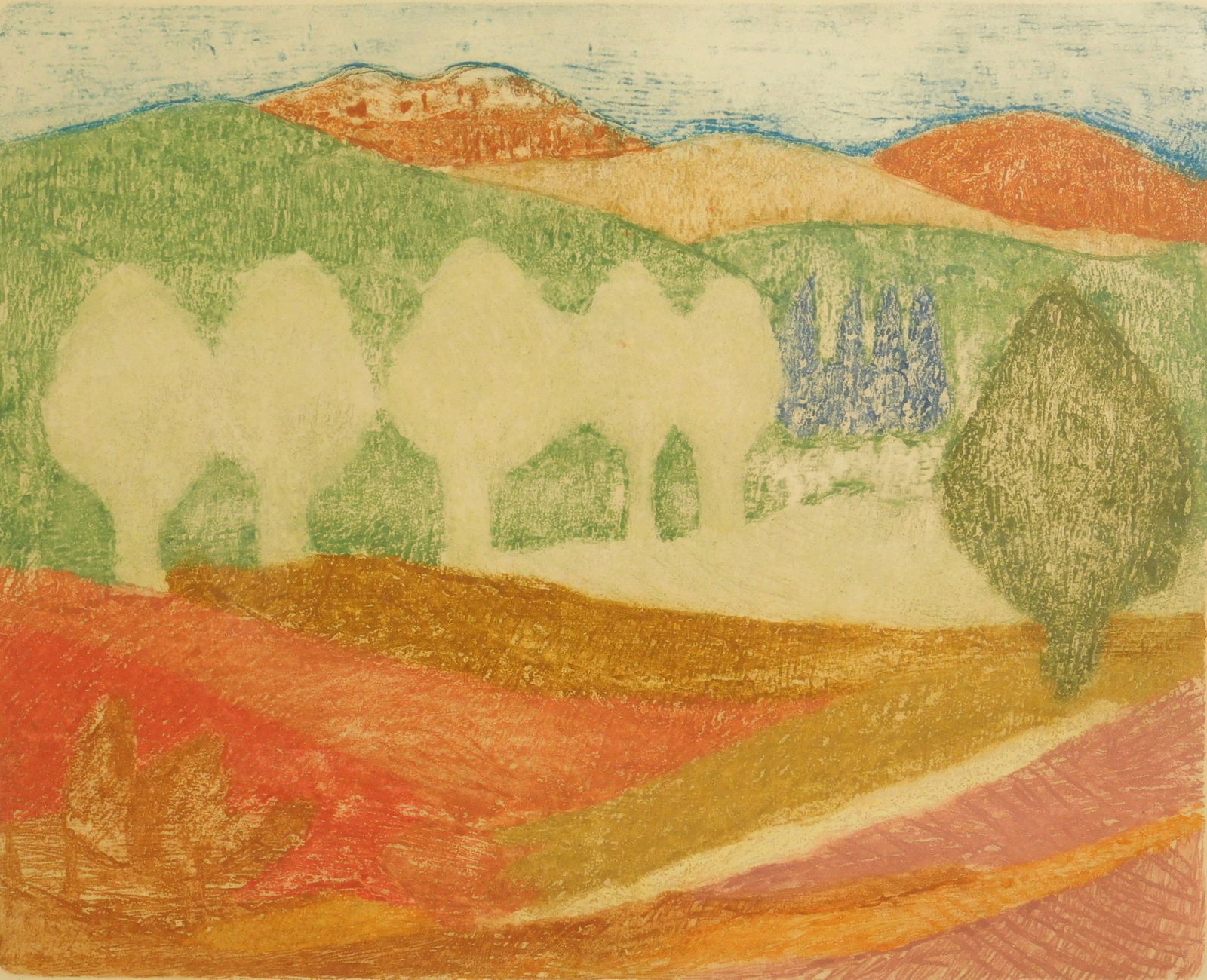 Ruth Kerkovius (American, 1921-2007) etching: Young Leaves of May etching in colors, 1974, signed, dated, titled and numbered 11/26 in pencil. 16 5/8 x 20 7/8" Condition: Paper age toned Provenance: Private collection- Cleve