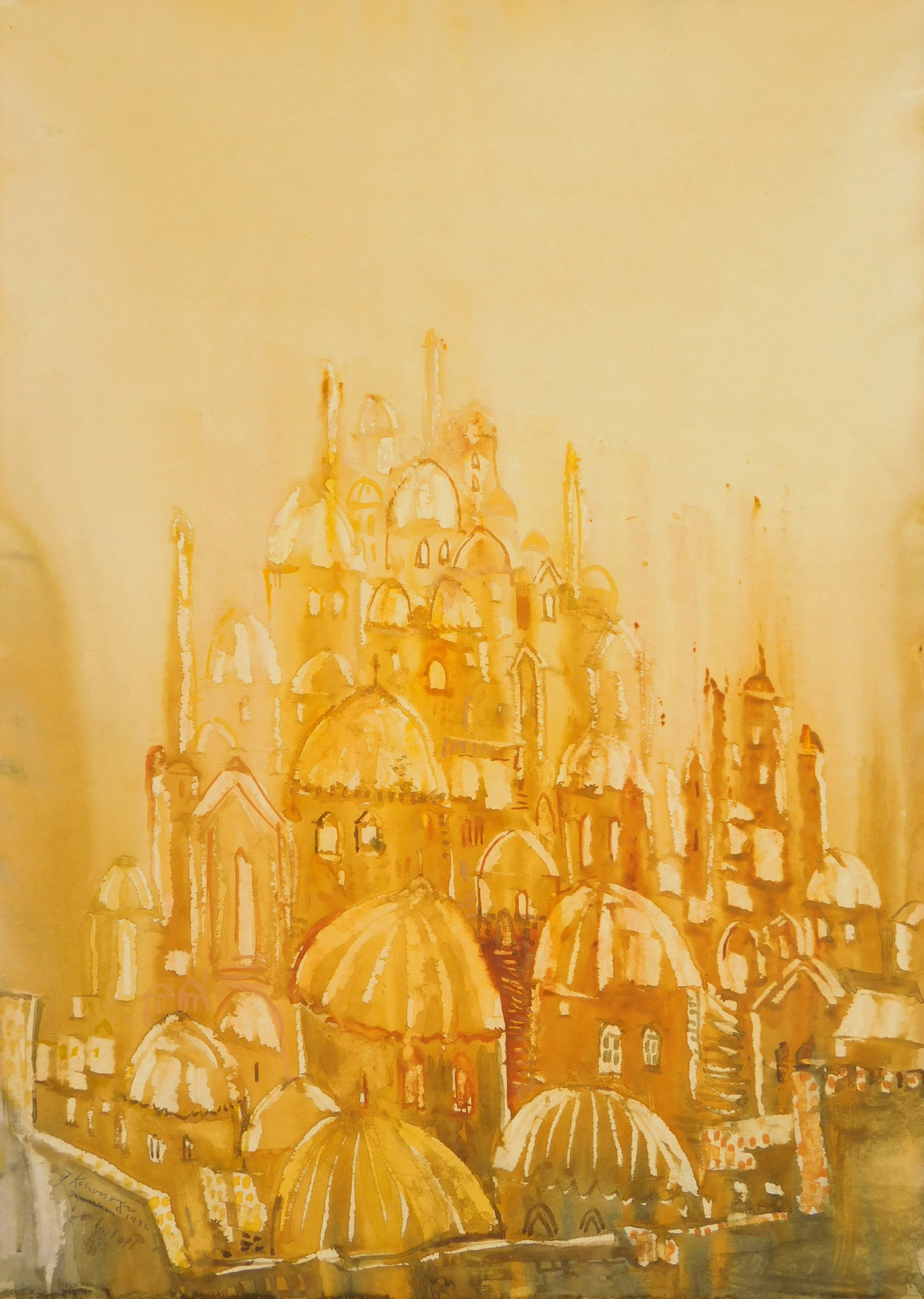 Joseph Kossonogi (Israeli, 1908-1981) watercolor: Jerusalem watercolor on paper, 1972, signed J. Kossonogi, dated and titled lower left in ink. 18 3/4 x 13 1/4" Condition: Good condition Provenance: Private collection- North Ber
