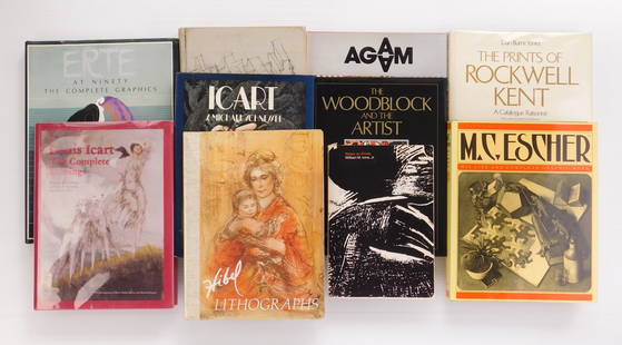 10 Art Books: Erte at Ninety; Hibel Lithographs; Louis Icart- The Complete Etchings; Icart; The Prints of Rockwell Kent; The Woodblock and the Artist, The Life of Shiko Munakata; M. C. Escher, His Life