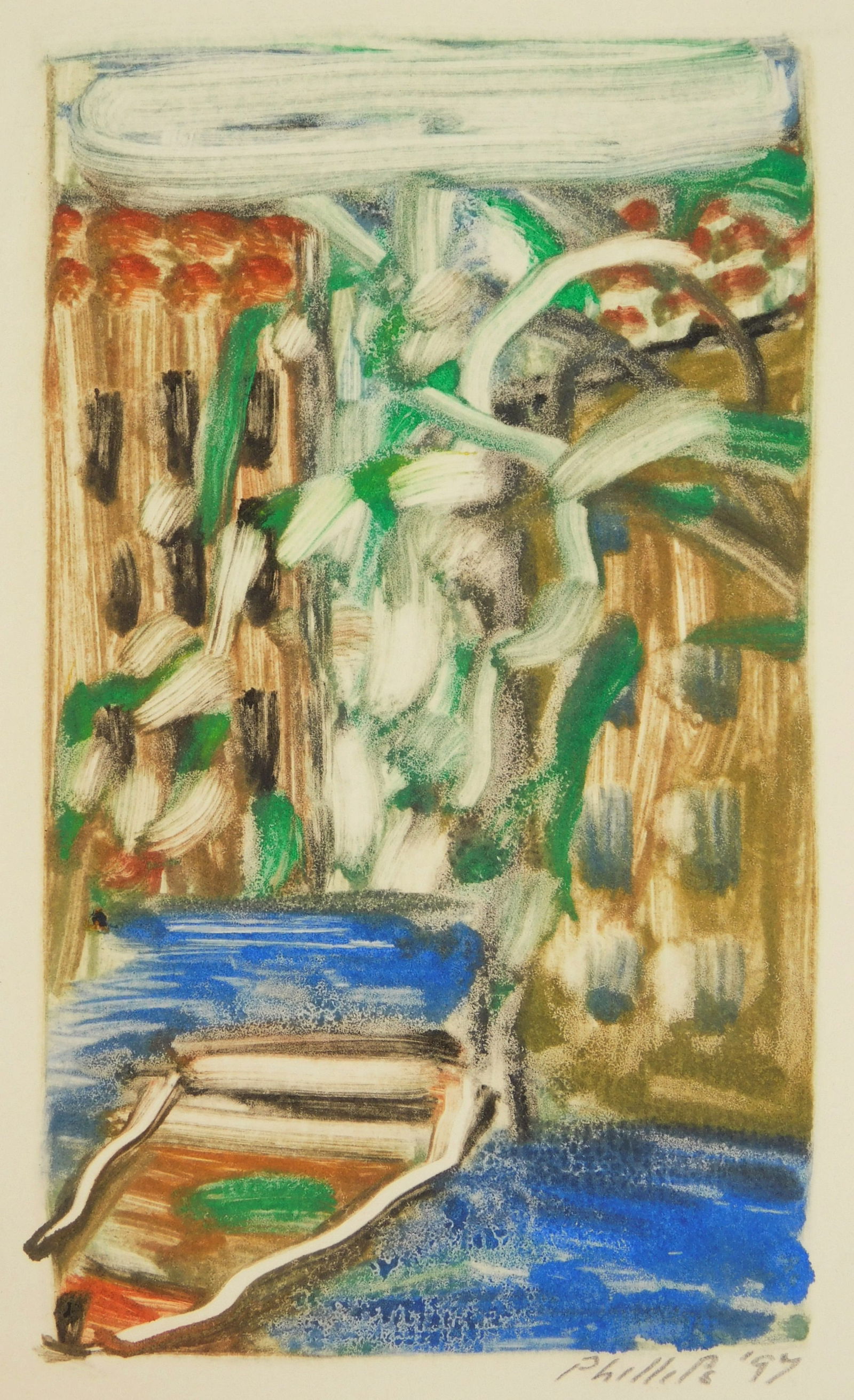 Matt Phillips (American, 1927-2017) monotype: Waterfall monotype in colors, 1997, singed and dated in pencil. 8 x 4 5/8" Condition: Very good condition Provenance: Private collection- Chicago, IL