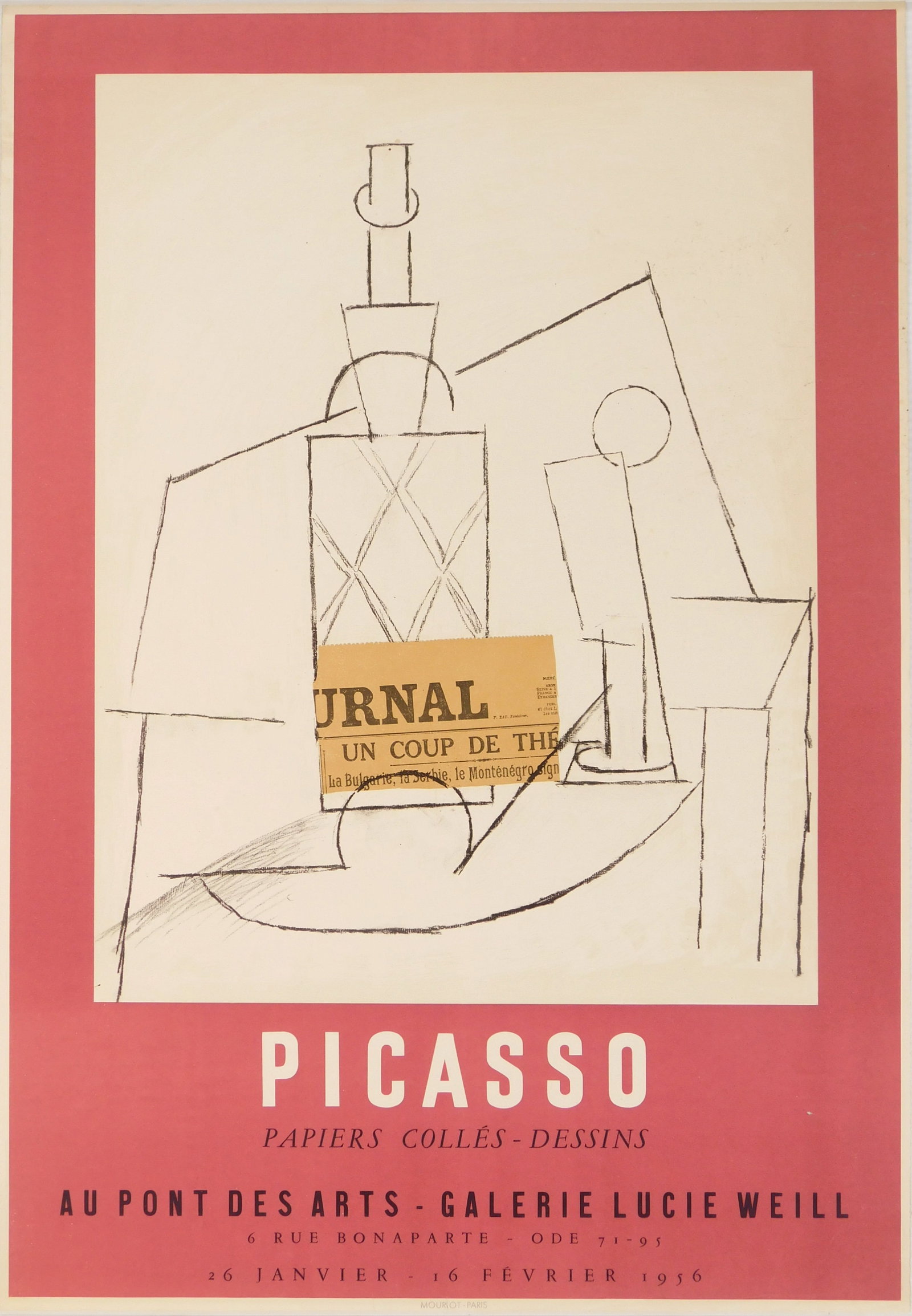 Pablo Picasso, (Spanish, 1881-1973) exhibition poster: Au Pont Des Arts - Galerie Lucie Weil off-set lithographic poster, 1956, printed by Mourlot, Paris. 25 x 17" Condition: Paper age toned, some handling creases, two small repaired tear