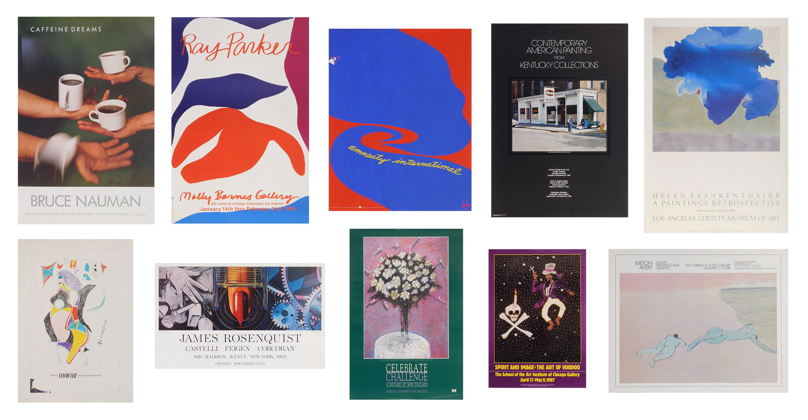 12 Art exhibition posters: including Ray Parker; Amnesty International- Jack Youngerman for Amnesty; Nude Art; Celebrate Challenge, A Decade of New Dollars (2 copies), Milton Avery; James Rosenquist; Contemporary American Paint