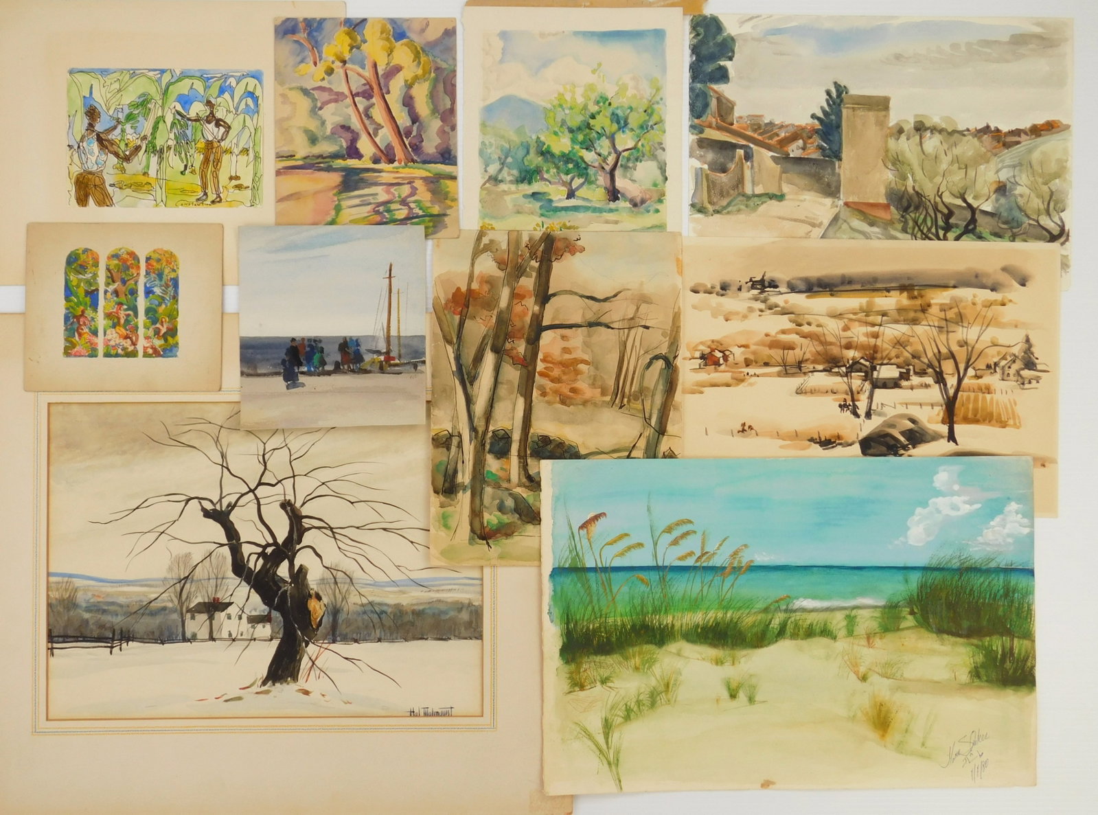 10 Watercolors: including Paul Shiverly, Hal Malmquist, Eva Melady, and Constantine 2 unsigned and 1 signed illegibly, various sizes. Condition: Fair con