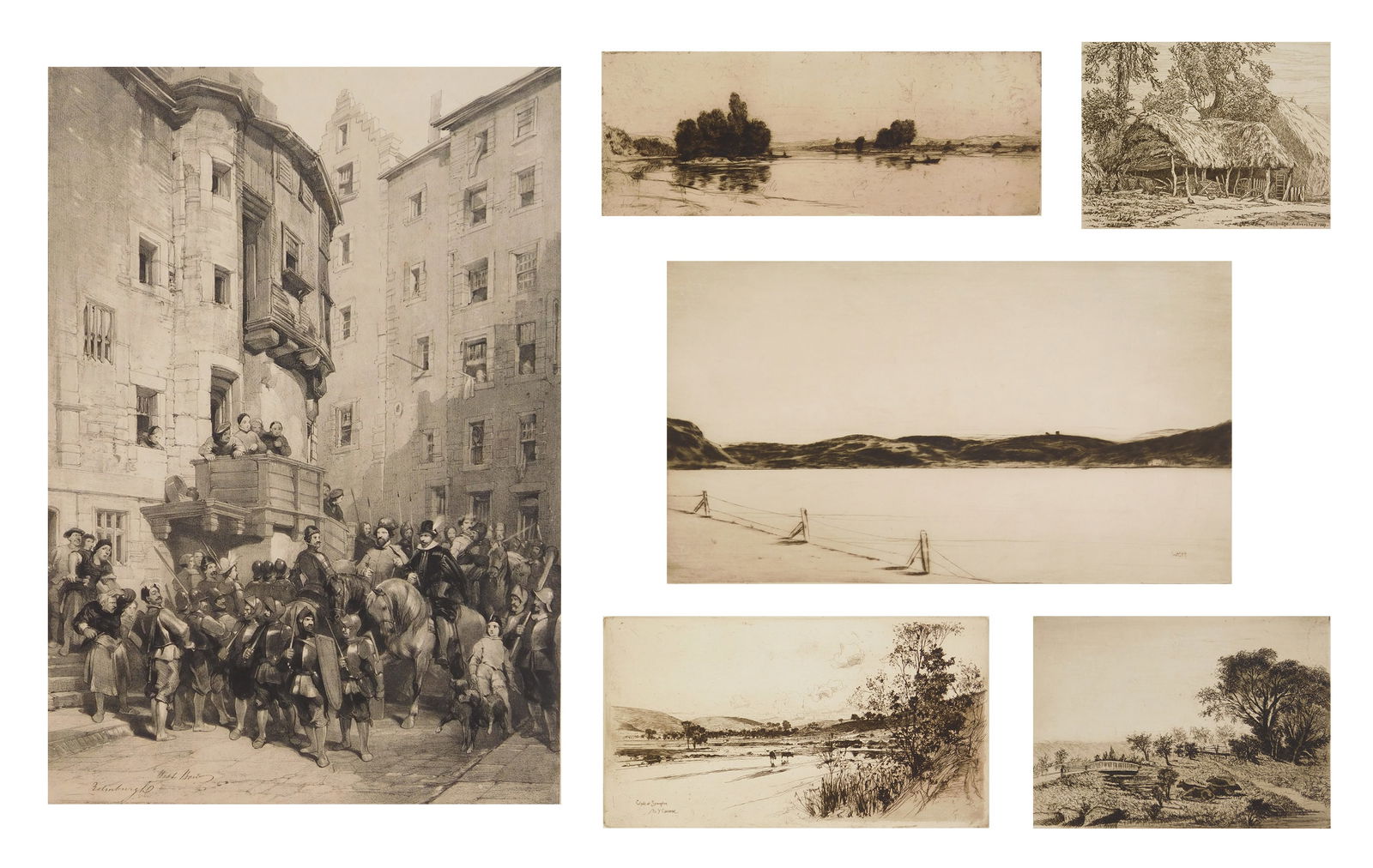6 European etchings: 1.) George Cattermole (British 1800-1868) - West Bow Edinburgh - lithotint; 2 & 3.) Sir David Young Cameron (Scottish 1865-1945) - The Clyde at Symington (Rinder 32) - etching, 1889, and Murt