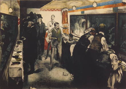 John Copley (British, 1875-1950) lithograph: The Men's Club lithograph in colors, signed in pencil, annotated proof in 2 in pencil. 13 x 18 3/4" Condition: Light stuck, taped to bottom mat with celloph