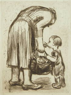 Kathe Kollwitz (German, 1867-1945) etching: Stehende Mutter, Ihr Bublein Futternd etching, 1931, printed in 1933, published by Van der Becke, blindstamp lower right. Klipstein 247 ivb/V Condition: Very good condition Provenance