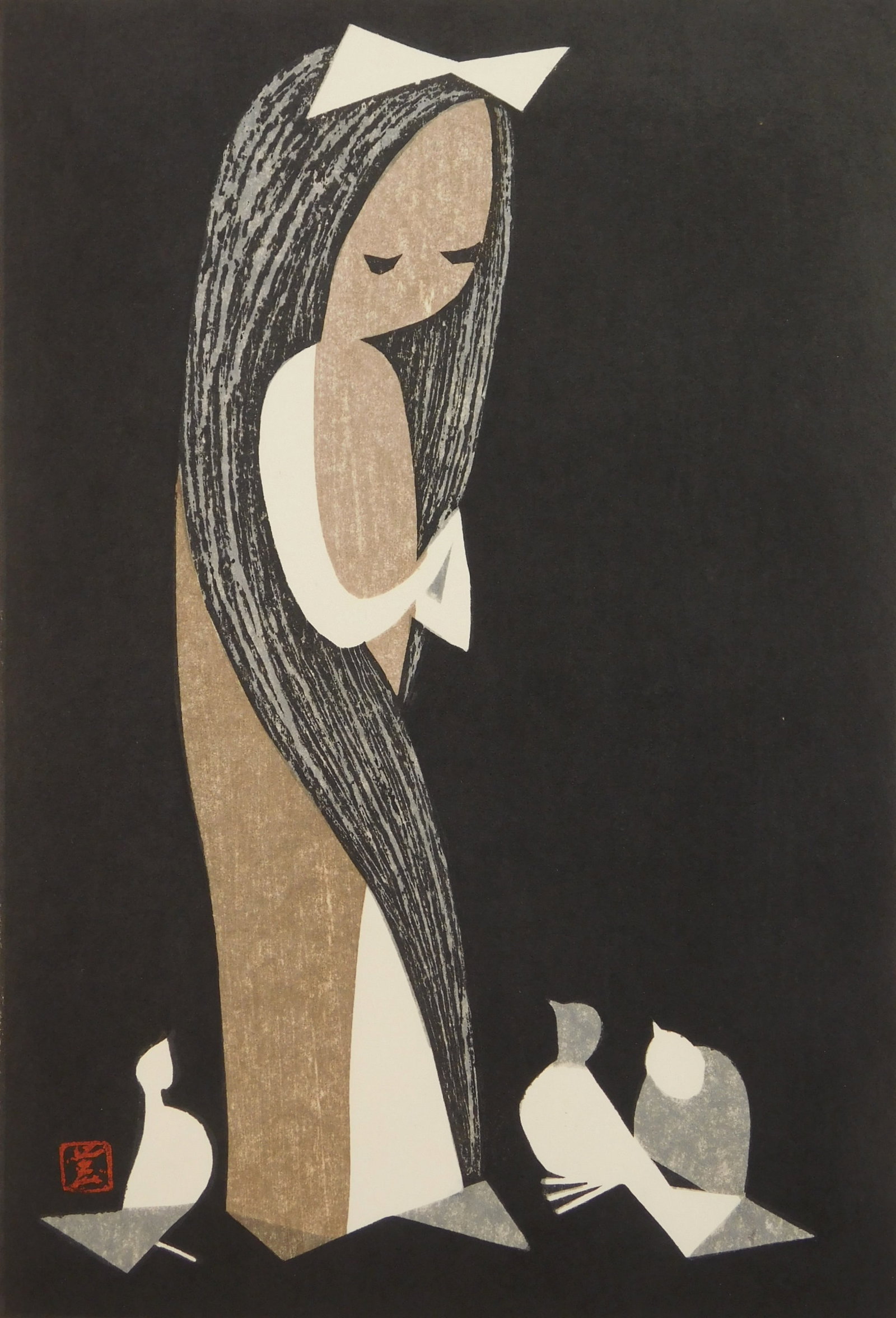 Kiyoshi Saito (Japnese, 1907-1997) woodblock: Girl Feeding Birds woodblock in colors. 15 x 10" Provenance: Private collection- Cleveland Heights, OH