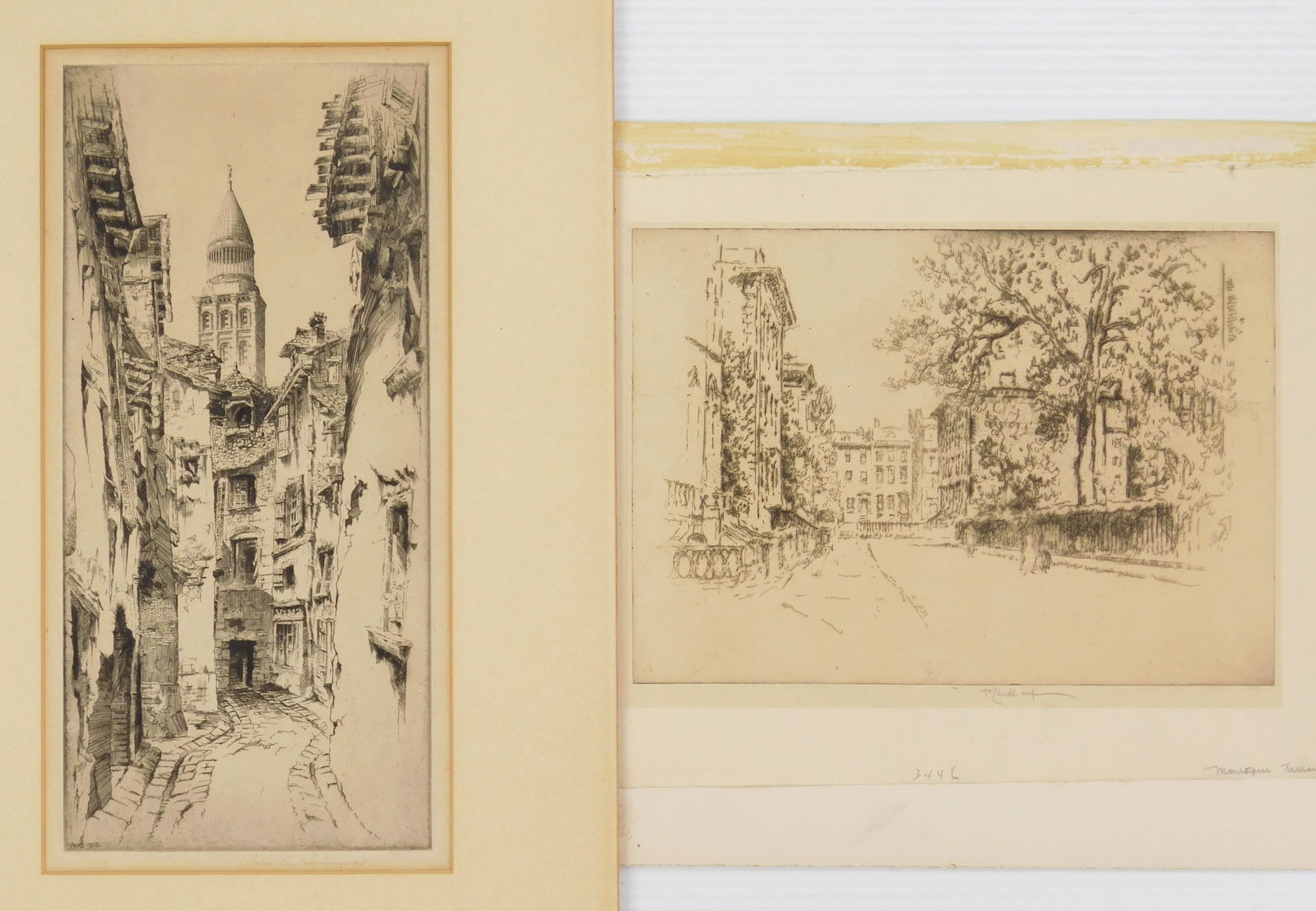 2 American etchings- John Taylor Arms and Joseph Pennell: John Taylor Arms (1887-1953)-A Tower of Saint Front, Perigneux- etching, 1928, signed and dated in pencil, edition of 100, French Church Series #22, Illustrated on p. 96 in Dorothy Noyes Arms- Ch