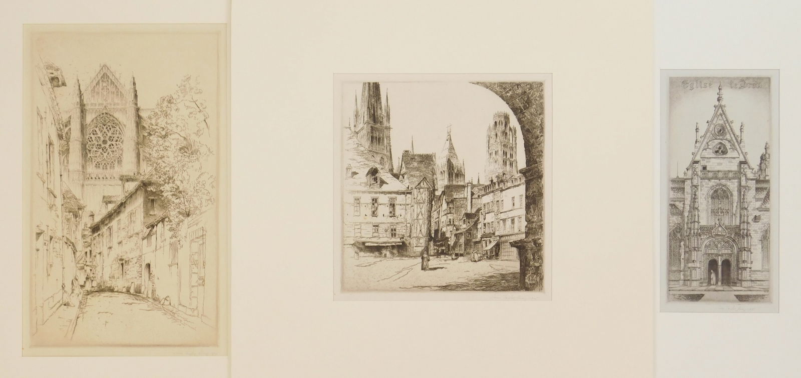 3 John Taylor Arms (American 1887-1953) etchings: 1.) The Rose, Beavais (Fletcher 161) - 1925, edition 156, French Church series no. 3. 12 x 7 1/8"; 2.) Rouen The Cathedral of Notre Dame from the South (F. 162) - 1925, edition of 150