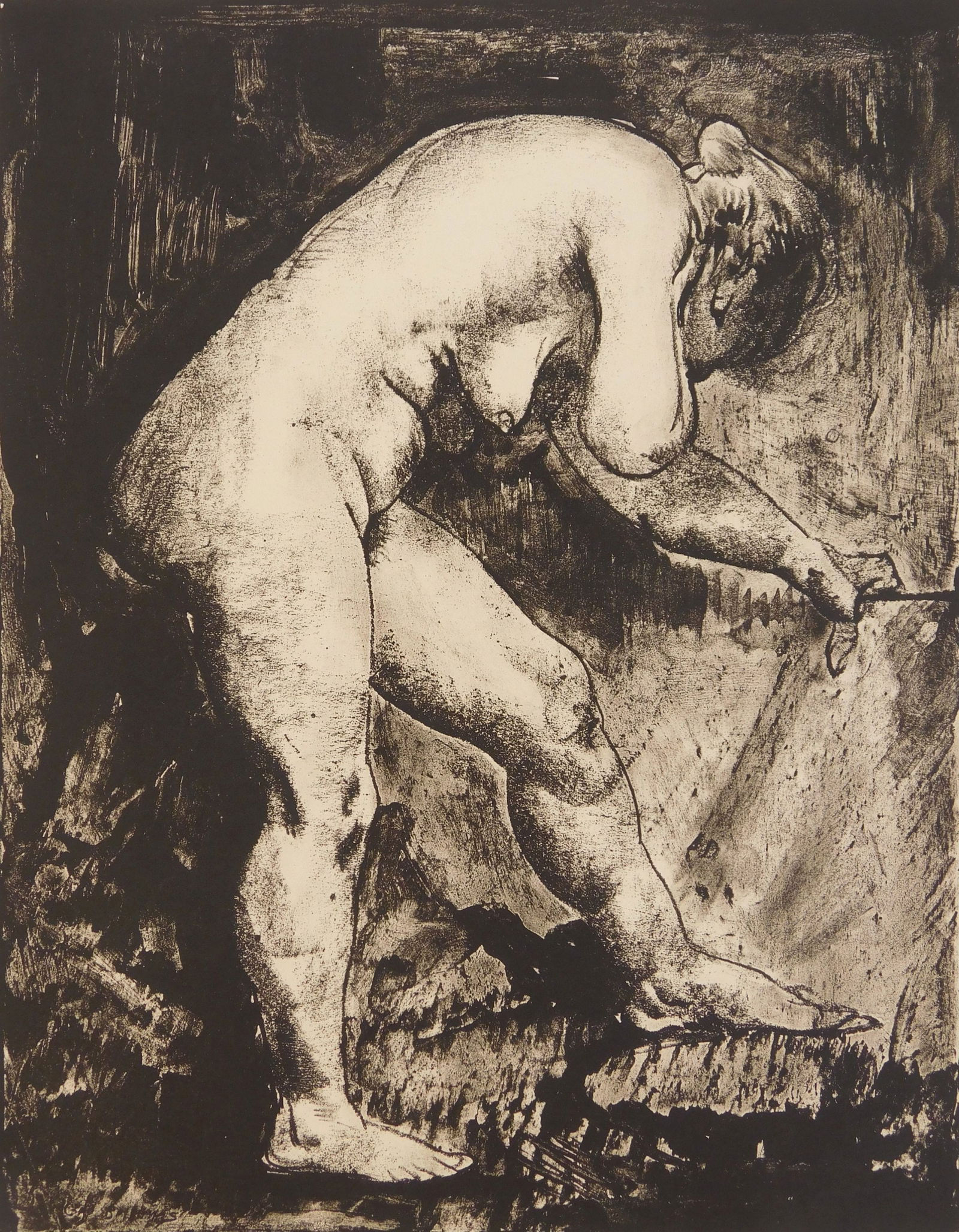 George Bellows (American, 1882-1925) lithograph: Standing Nude Bending Forward lithograph, 1916, estate signed by the daughter- Geo Bellows/ J. B. B., and numbered No.6 in pencil 11 7/16 x 10 11/16" M