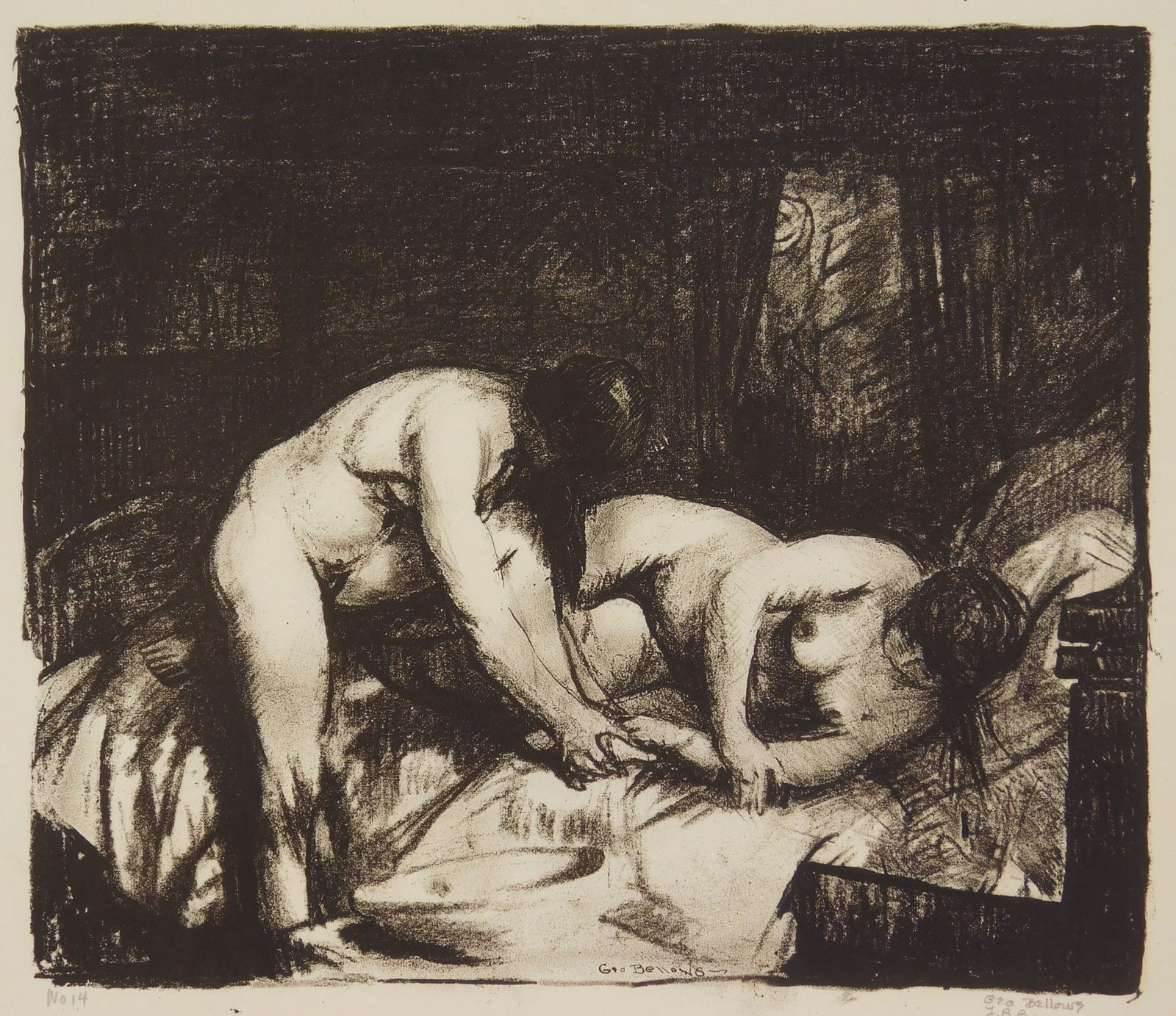 George Bellows (American, 1882-1925) lithograph: Two Girls lithograph, 1917, estate signed by the daughter- Geo Bellows/ J. B. B.' and No, 14 in pencil. 7 5/8 x 8 7/8'' Mason 41 Condition: Very