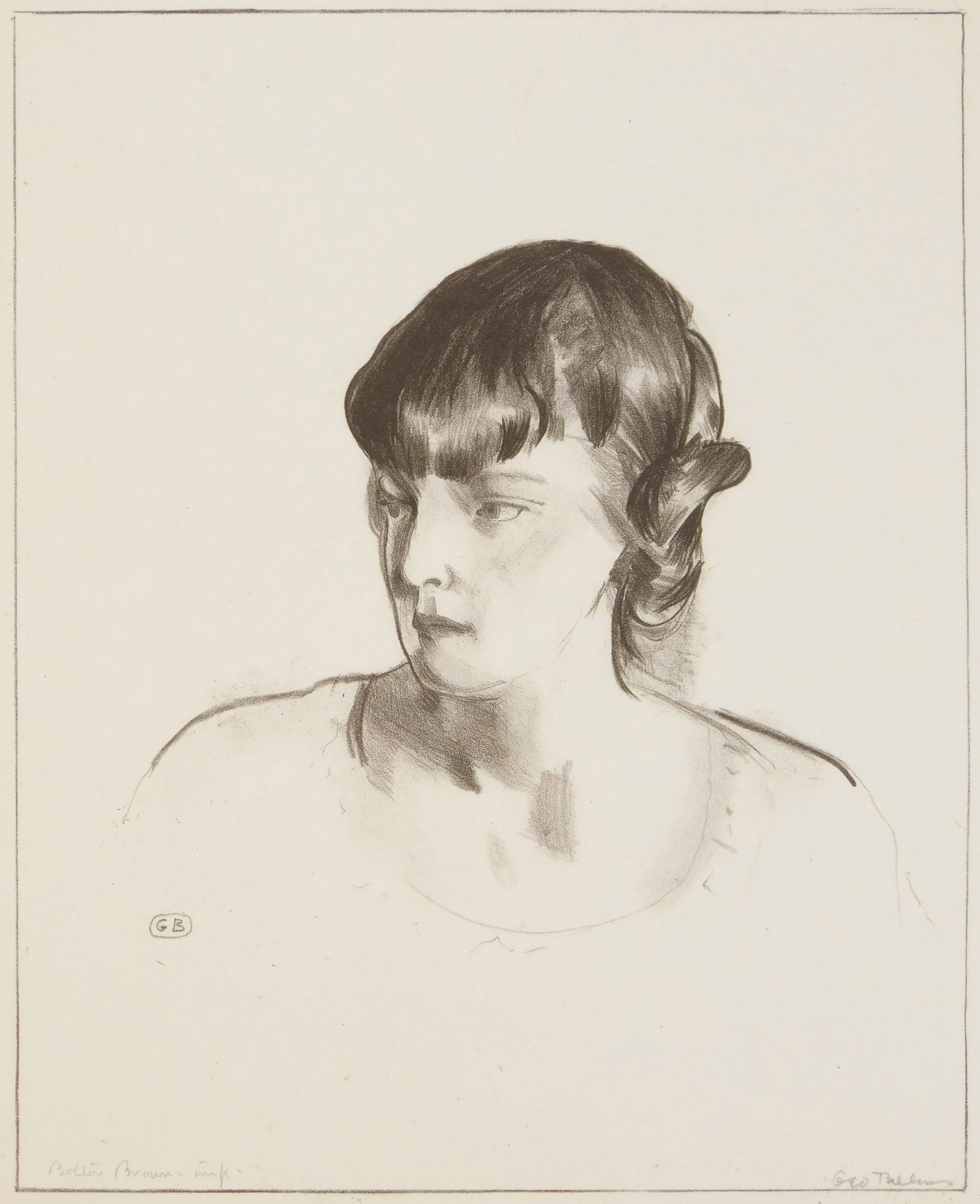 George Bellows (American, 1882-1925) lithograph: Miss Tate lithograph, 1921, signed in pencil by Bellows and the printer Bolton Brown, edition of 26. 10 5/8 x 8 1/2" Mason 129 Condition: Very g