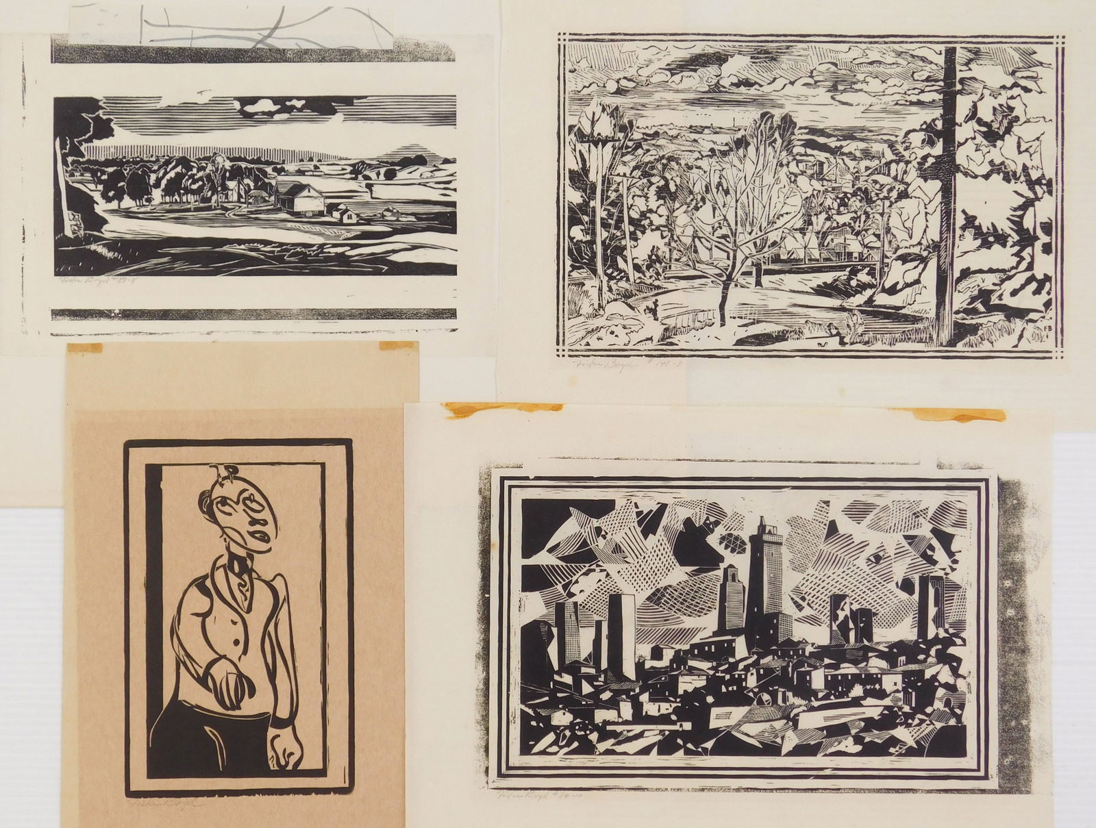 Fiske Boyd (American, 1895-1975) 4 woodcuts: Landscapes (2); Cityscape & Figure 4 woodcuts, all signed in pencil. 4 x 9''; 7 1/4 x 11 3/8'' 8 x 5 1/4''; 5 3/4 x 10'&