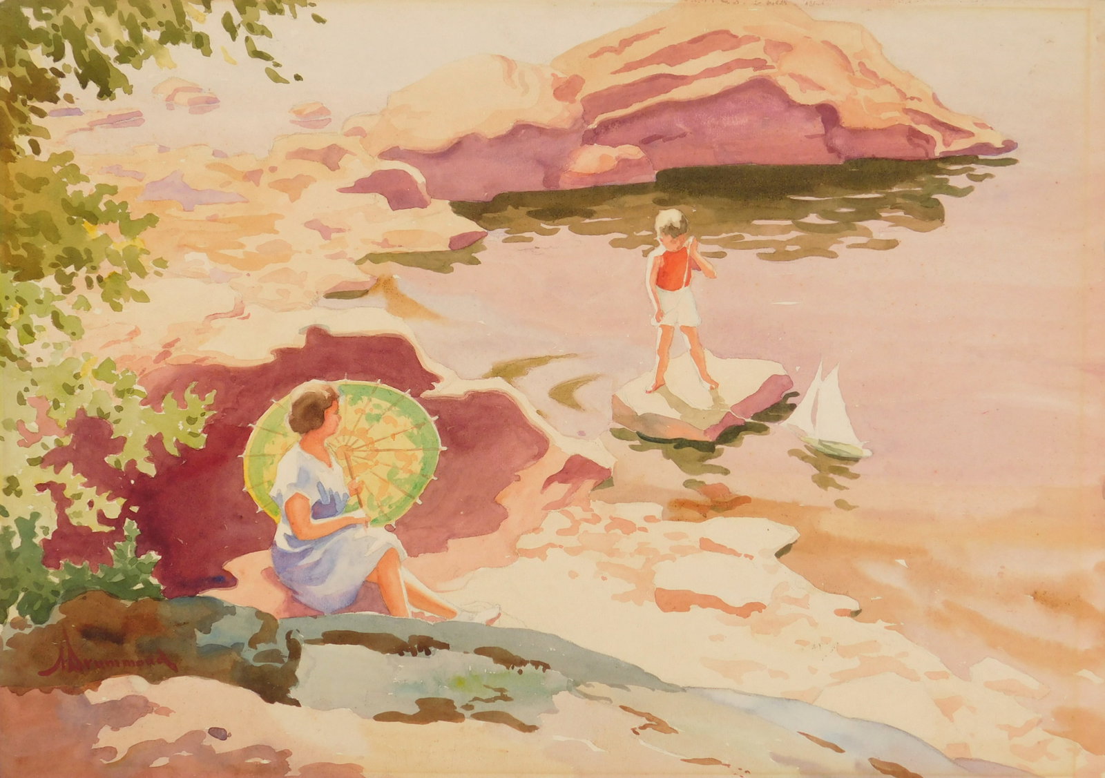 Arthur Drummond (Canadian, 1891-1977) watercolor: At The Shore watercolor on illustration board, signed A. Drummond lower left. 15 x 21" Condition: Good condition Provenance: Private collection- Cuyahoga Falls, OH